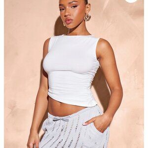 WHITE RUCHED SIDE COTTON BOATNECK LONG TOP SIZE US 4 NWT